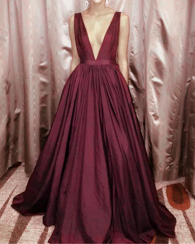 A-line Sexy Deep V Neck Long Prom Dresses